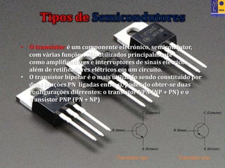 • O transístor é um componente eletrónico, semicondutor,
com várias funções. São utilizados principalmente
como amplificadores e interruptores de sinais elétricos,
além de retificadores elétricos em um circuito.
• O transístor bipolar é o mais utilizado sendo constituído por
duas junções PN ligadas entre si, podendo obter-se duas
configurações diferentes: o transístor NPN (NP + PN) e o
transístor PNP (PN + NP)
Tipos de Semicondutores
 