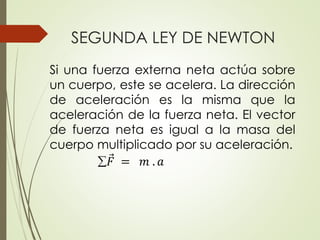 Si una fuerza externa neta actúa sobre
un cuerpo, este se acelera. La dirección
de aceleración es la misma que la
aceleración de la fuerza neta. El vector
de fuerza neta es igual a la masa del
cuerpo multiplicado por su aceleración.
 𝐹 = 𝑚 . 𝑎
SEGUNDA LEY DE NEWTON
 