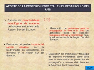 
APORTE DE LA PROFESIÓN FORESTAL EN EL DESARROLLO DEL
PAÍS
 Estudio de características
tecnológicas de maderas
de bosques naturales de la
Región Sur del Ecuador.
 Generación de protocolos para la
propagación in vivo e in vitro de
genotipos elites de especies
forestales nativas y promisorias para
la reforestación de la Región Sur del
Ecuador.
 Evaluación del posible impacto del
cambio climático en la
biodiversidad en ecosistemas de
montaña en la Región Sur del
Ecuador.
 Evaluación del crecimiento y fenología
de especies maderables como base
para la elaboración de protocolos de
propagación y manejo silvicultural en
la Amazonia Sur Ecuatoriana.
18/19
 