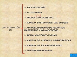 
CON FORMACIÓN
EN:
 SOCIOECONOMÍA
 ECOSISTEMAS
 PRODUCCIÓN FORESTAL
 MANEJO SUSTENTABLE DEL BOSQUE
 APROVECHAMIENTO DE RECURSOS
MADEREROS Y NO MADEREROS
 RESTAURACIÓN ECOLÓGICA
 MANEJO DE CUENCAS HIDROGRÁFICAS
 MANEJO DE LA BIODIVERSIDAD
 GESTIÓN EMPRESARIAL.
7/19
 