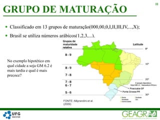  Classificado em 13 grupos de maturação(000,00,0,I,II,III,IV,...,X);
 Brasil se utiliza números arábicos(1,2,3,...).
GRUPO DE MATURAÇÃO
11
FONTE: Alliprandini et al.
(2009)
No exemplo hipotético em
qual cidade a soja GM 6.2 é
mais tardia e qual é mais
precoce?
 