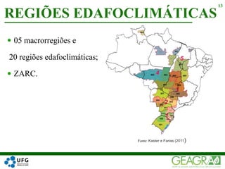 05 macrorregiões e
20 regiões edafoclimáticas;
 ZARC.
REGIÕES EDAFOCLIMÁTICAS
13
Fonte: Kaster e Farias (2011)
 