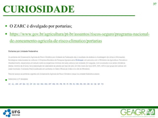  O ZARC é divulgado por portarias;
 https://www.gov.br/agricultura/pt-br/assuntos/riscos-seguro/programa-nacional-
de-zoneamento-agricola-de-risco-climatico/portarias
 FONTE: GOVERNO FEDERAL
CURIOSIDADE
37
 