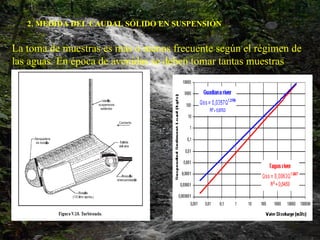 2. MEDIDA DEL CAUDAL SÓLIDO EN SUSPENSIÓN La toma de muestras es más o menos frecuente según el régimen de las aguas. En época de avenidas se deben tomar tantas muestras como sea posible. 