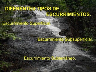 DIFERENTES TIPOS DE ESCURRIMIENTOS. Escurrimiento Superficial. Escurrimiento Subsuperficial. Escurrimiento Subterráneo. 