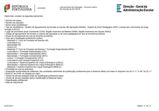 Lista provisória de ordenação - Concurso Interno
Ano Escolar de 2017/2018
Desta lista, constam os seguintes elementos:
• Número de ordem;
• Número de utilizador;
• Nome do(a) candidato(a);
• Tipo de candidato(a) - Quadro de Agrupamento de Escolas ou Escola não Agrupada (QA/QE), Quadro de Zona Pedagógica (QZP), Licença sem vencimento de longa
duração (LSVLD);
• Lugar de provimento atual (Continente (CON), Região Autónoma da Madeira (RAM), Região Autónoma dos Açores (RAA));
• Código de agrupamento de escolas ou escola não agrupada ou de zona pedagógica em que se encontra provido(a);
• Grupo de recrutamento em que se encontra provido(a);
• Grau que a habilitação profissional confere:
- Mestrado 2.º Ciclo do Processo de Bolonha (M);
- Licenciatura (L);
- Bacharelato (B);
- Outros (O);
- Mestrado 2.º Ciclo do Processo de Bolonha + Formação Especializada (MFE);
- Licenciatura + Formação Especializada (LFE);
- Bacharelato + Formação Especializada (BFE);
- Bacharelato + Formação Complementar (BFC);
- Outros + Formação Complementar (OFC);
- Licenciatura (com variante Espanhol) (LE);
- Licenciatura + Diploma Espanhol de Língua Estrangeira (LDELE);
- Bacharelato + Diploma Espanhol de Língua Estrangeira (BDELE);
- Mestrado + Diploma Espanhol de Língua Estrangeira (MDELE);
• Prioridade em que se posiciona;
• Graduação arredondada às milésimas, dos candidatos detentores de qualificação profissional para a docência obtida com base no disposto nos art.ºs 11.º e 49.º do DL n.º
132/2012, de 27/06, na redação em vigor;
• Tempo de serviço prestado antes da qualificação profissional (dias);
• Tempo de serviço prestado após a qualificação profissional (dias);
• Classificação profissional;
• Data de nascimento.
1723-05-2017 Página 17 de
 