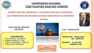 UNIVERSIDAD NACIONAL
JOSE FAUSTINO SANCHEZ CARRION
E.A.P SOCIOLOGÍA
INTEGRANTES:
 TENA CHUPICA, ELIZABETH
 GABINO MORALES, THAIS
 CASTILLO MENDOZA, JOSELYN
 TEZEN LEON, KAROLAIN
ASIGNATURA: SOCIOLOGÍA
DEL DERECHO
DOCENTE: Dr. HECTOR
ROMERO ALVA
UNJFSC
HUACHO-PERÚ- 2017
FACULTAD DE CIENCIAS
SOCIALES
 