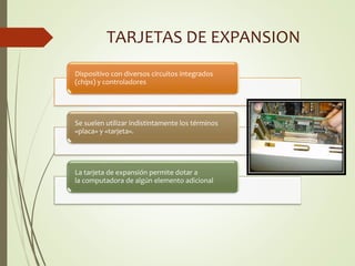 TARJETAS DE EXPANSION
Dispositivo con diversos circuitos integrados
(chips) y controladores
Se suelen utilizar indistintamente los términos
«placa» y «tarjeta».
La tarjeta de expansión permite dotar a
la computadora de algún elemento adicional
 