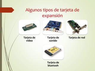 Algunos tipos de tarjeta de
expansión
Tarjeta de
video
Tarjeta de
sonido
Tarjeta de red
Tarjeta de
bluetooh
 