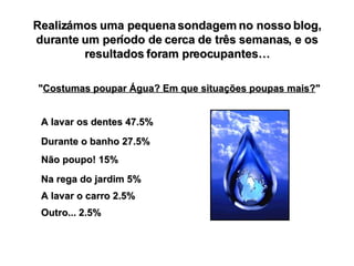 " Costumas poupar Água? Em que situações poupas mais? " Realizámos uma pequena sondagem no nosso blog, durante um período de cerca de três semanas, e os resultados foram preocupantes… Outro... 2.5% A lavar os dentes 47.5% Durante o banho 27.5% Não poupo! 15% Na rega do jardim 5% A lavar o carro 2.5% 