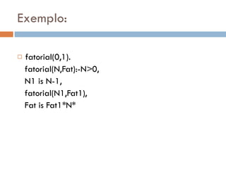 Exemplo: fatorial(0,1). fatorial(N,Fat):-N>0, N1 is N-1, fatorial(N1,Fat1), Fat is Fat1*N* 