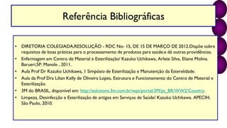 Referência Bibliográficas
• DIRETORIA COLEGIADA,RESOLUÇÃO - RDC No- 15, DE 15 DE MARÇO DE 2012.Dispõe sobre
requisitos de boas práticas para o processamento de produtos para saúde.e dá outras providências.
• Enfermagem em Centro de Material e Esterilização/ Kazuko Uchikawa, Arlete Silva, Eliane Molina.
Barueri,SP: Manole , 2011.
• Aula Prof Dr Kazuko Uchikawa, 1 Simpósio de Esterilização e Manutenção da Esterelidade.
• Aula da Prof Dra Lilian Kelly de Oliveira Lopes, Estrutura e Funcionamento do Centro de Material e
Esterilização.
• 3M do BRASIL, disponível em: http://solutions.3m.com.br/wps/portal/3M/pt_BR/WW2/Country.
• Limpeza, Desinfecção e Esterilização de artigos em Serviços de Saúde/ Kazuko Uchikawa. APECIH,
São Paulo, 2010.
 