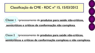 Classificação da CME - RDC nº 15, 15/03/2012
Classe 1 •processamento de produtos para saúde não-críticos,
semicríticos e críticos de conformação não complexa.
Classe 2 •processamento de produtos para saúde não-críticos,
semicríticos e críticos de conformação complexa e não complexa.
 