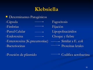 Klebsiella Determinantes Patogénicos -Cápsula Fagocitosis -Fimbrias Fijación -Pared Celular Lipopolisacáridos -Endotoxina Choque y fiebre -Enterotoxina (K.pneumoniae) Similar a E. coli -Bacteriocinas Proteínas letales  -Posesión de plásmido Codifica aerobactina 