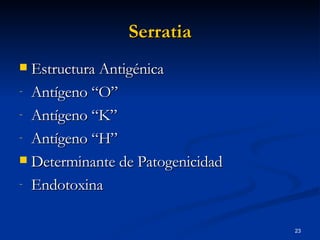 Serratia Estructura Antigénica  Antígeno “O” Antígeno “K” Antígeno “H” Determinante de Patogenicidad Endotoxina 