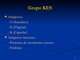 Grupo KES Antígenos: - O (Somático) - H (Flagelar) - K (Capsular) Antígenos menores:  - Proteínas de membrana externa - Fimbrias 