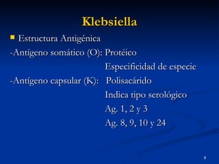 Klebsiella Estructura Antigénica -Antígeno somático (O): Protéico   Especificidad de especie -Antígeno capsular (K):  Polisacárido   Indica tipo serológico   Ag. 1, 2 y 3   Ag. 8, 9, 10 y 24 