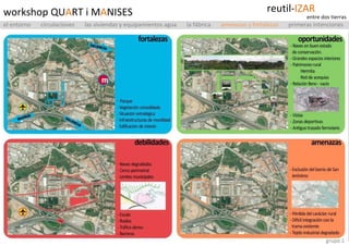 grupo 1 el entorno  circulaciones  las viviendas y equipamientos agua  la fábrica  amenazas y fortalezas  primeras intenciones workshop QU A RT i M A NISES reutil- IZAR entre dos tierras 