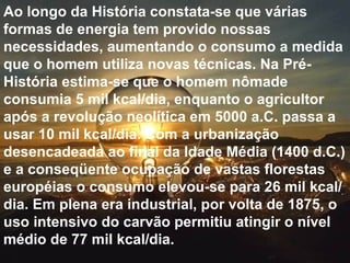 Ao longo da História constata-se que várias formas de energia tem provido nossas necessidades, aumentando o consumo a medida que o homem utiliza novas técnicas. Na Pré-História estima-se que o homem nômade consumia 5 mil kcal/dia, enquanto o agricultor após a revolução neolítica em 5000 a.C. passa a usar 10 mil kcal/dia. Com a urbanização desencadeada ao final da Idade Média (1400 d.C.) e a conseqüente ocupação de vastas florestas européias o consumo elevou-se para 26 mil kcal/dia. Em plena era industrial, por volta de 1875, o uso intensivo do carvão permitiu atingir o nível médio de 77 mil kcal/dia.  