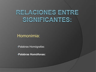 Homonimia:
Palabras Homógrafas:
Palabras Homófonas:
 