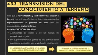 4.3.3. TRANSMISIÓN DEL
CONOCIMIENTO A TERRENO
Para que la nueva filosofía y sus herramientas lleguen a
terreno y se apliquen efectivamente es necesario que los
superintendentes y gerentes de área sean los
encargados de implementarlas.
LA INTRODUCCIÓN A TERRENO:
• Acompañada de cursos y de un manual de
procedimientos (guía)
• Los superintendentes o gentes de área deberán tener
una lista de los puntos que se verificarán en el terreno.
LA GERENCIA DEBE RESGUARDAR EL
CORRECTO USO DE LOS HERRAMIENTAS
ES NECESARIO QUE TODOS SE INVOLUCREN
EN EL MANEJO OPTIMIZADO DE LA OBRA
 