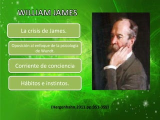 La crisis de James.

Oposición al enfoque de la psicología
             de Wundt.


  Corriente de conciencia

     Hábitos e instintos.


                     (Hergenhahn.2011.pp:351-359)
 