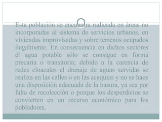 Esta población se encuentra radicada en áreas no incorporadas al sistema de servicios urbanos, en viviendas improvisadas y sobre terrenos ocupados ilegalmente. En consecuencia en dichos sectores el agua potable sólo se consigue en forma precaria o transitoria; debido a la carencia de redes cloacales el drenaje de aguas servidas se realiza en las calles o en las acequias y no se hace una disposición adecuada de la basura, ya sea por falta de recolección o porque los desperdicios se convierten en un recurso económico para los pobladores. 
