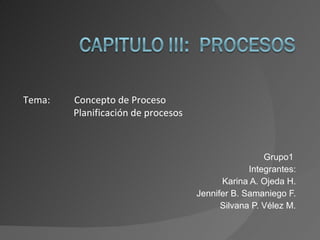 Grupo1  Integrantes: Karina A. Ojeda H. Jennifer B. Samaniego F. Silvana P. Vélez M. Tema:  Concepto de Proceso Planificación de procesos 