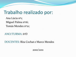 Trabalho realizado por:  Ana Lúcia nº1;                       Miguel Palma nº16;  Tomás Mendes nº21;ANO/TURMA: 6ºDDOCENTES: Rita Cochat e Marco Mendes2010/2011