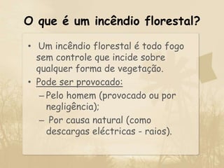 O que é um incêndio florestal?Um incêndio florestal é todo fogo sem controle que incide sobre qualquer forma de vegetação.Pode ser provocado:Pelo homem (provocado ou por negligência); Por causa natural (como descargas eléctricas - raios).