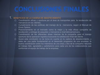 CONCLUSIONES FINALES
1.   BENEFICIOS DE LA CADENA DE ABASTECIMIENTO
     o   Coordinaciòn eficaz y oportuna por el área de transportes para la recolecciòn de
         mercancìa en los clientes.
     o   Cumplimiento de las políticas del manejo de la mercancìa, segùn el Manual de
         Envio Óptimo.
     o   Posicionamiento en el mercado como la mejor y la más eficaz compañia de
         recolecciòn y entrega de paquetes y mercancìa a nivel latinoamericano.
     o   Coordinaciòn de las diferentes áreas internas de la compañía para el manejo
         oportuno de la operación logística buscando la satisfacciòn final del cliente.
     o   Quizà esta conclusión no se toma en cuenta en la cadena de abastecimiento, y
         debe ser una parte fundamental en el desarrollo progresivo de una empresa: la
         buena coordinaciòn entre los miembros de una área y otra de la compañía redunda
         en trabajo feliz, agradable y satisfactorio para cada uno de los colaboradores que
         conforman el equipo de trabajo de la empresa.
 