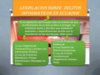 LEGISLACION SOBRE DELITOS
    INFORMATICOS EN ECUADOR
   En la legislación del Ecuador bajo el contexto de que
     la información es un bien jurídico a proteger, se
        mantienen leyes y decretos que establecen
        apartados y especificaciones acorde con la
        importancia de las tecnologías, tales como:

                                 3) Ley de Propiedad
                                 Intelectual.
1) Ley Orgánica de
                                 4) Ley Especial de
Transparencia y Acceso a la
                                 Telecomunicaciones.
Información Pública.
                                 5) Ley de Control
2) Ley de Comercio
                                 Constitucional
Electrónico, Firmas
                                 (Reglamento Habeas
Electrónicas y Mensajes de
                                 Data).
Datos.
                                 .

                                              .
 