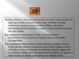 Divisão celular é o processo que ocorre nos seres vivos, através do
   qual uma célula, chamada célula-mãe, se divide em duas
   (mitose) ou quatro (meiose) células-filhas, com toda a
   informação genética relativa à espécie. Este processo faz parte
   do ciclo celular.
Nos organismos unicelulares como os protozoários e
   as bactérias este é o processo de reprodução assexuada
   ou vegetativa.
Nos organismos multicelulares, estes processos podem levar à
   formação dos esporos ou gametas, que darão origem ao novo
   indivíduo, ou ao crescimento do indivíduo desde o zigoto até
   ao indivíduo adulto (por crescimento dos tecidos), ou apenas à
   substituição de células senescentes por células novas.
 