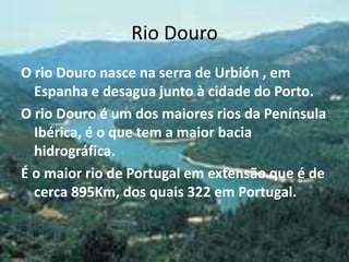 Rio Douro
O rio Douro nasce na serra de Urbión , em
  Espanha e desagua junto à cidade do Porto.
O rio Douro é um dos maiores rios da Península
  Ibérica, é o que tem a maior bacia
  hidrográfica.
É o maior rio de Portugal em extensão que é de
  cerca 895Km, dos quais 322 em Portugal.
 