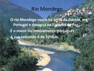 Rio Mondego
O rio Mondego nasce na serra da Estrela, em
  Portugal e desagua na Figueira da Foz.
É o maior rio inteiramente português.
A sua extensão é de 225Km.
 