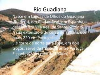 Rio Guadiana
Nasce em Lagoas de Olhos do Guadiana
(Ruidera), em Ciudad Real, em Espanha e
desagua em Vila Real de Santo António.
A sua extensão é de cerca de 870Km, dos
quais 220 em Portugal.
Ele corre de norte para sul e, em dois
troços, serve de fronteira entre Portugal e
Espanha ( são cerca de 100Km).
 
