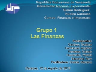 Participantes:
Cardozo, Yovilmar
Carrasquel, Angirber
Fornieles, Yusbely
Hernández, Yoselin
Saavedra, Terry
Facilitadora: Oneida, Marcano
Caracas, 12 de Agosto de 2013
 