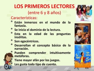 LOS PRIMEROS LECTORES
(entre 6 y 8 años)
Características:

º Están inmersos en el mundo de la
fantasía.
º Se inicia el dominio de la lectura.
º Esta en la edad de las preguntas
insólitas.
º Son egocéntricos.
º Desarrollan el concepto básico de la
narración.
º Pueden comprender intuitivamente
metáforas.
º Tiene mayor afán por los juegos.
º Les gusta todo tipo de cuento.

 