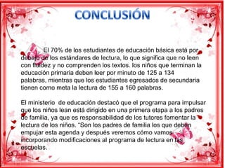 El 70% de los estudiantes de educación básica está por
debajo de los estándares de lectura, lo que significa que no leen
con fluidez y no comprenden los textos. los niños que terminan la
educación primaria deben leer por minuto de 125 a 134
palabras, mientras que los estudiantes egresados de secundaria
tienen como meta la lectura de 155 a 160 palabras.
El ministerio de educación destacó que el programa para impulsar
que los niños lean está dirigido en una primera etapa a los padres
de familia, ya que es responsabilidad de los tutores fomentar la
lectura de los niños. “Son los padres de familia los que deben
empujar esta agenda y después veremos cómo vamos
incorporando modificaciones al programa de lectura en las
escuelas.

 