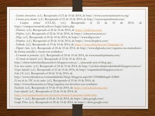 - Cuentos interactivos. (s.f.). Recuperado el 23 de 10 de 2014, de http://www.cuentosinteractivos.org/
- Cuentos para dormir. (s.f.). Recuperado el 23 de 10 de 2014, de http://cuentosparadormir.com/
- Campus virtual (UCLM). (s.f.). Recuperado el 22 de 10 de 2014, de
https://campusvirtualold.uclm.es/login/index.php
- Delicious. (s.f.). Recuperado el 20 de 10 de 2014, de https://delicious.com/
- Delphos. (s.f.). Recuperado el 22 de 10 de 2014, de https://educacion.jccm.es/
- Diigo. (s.f.). Recuperado el 20 de 10 de 2014, de https://www.diigo.com/
- Dropbox. (s.f.). Recuperado el 20 de 10 de 2014, de https://www.dropbox.com/
- Edmodo. (s.f.). Recuperado el 19 de 10 de 2014, de https://www.edmodo.com/?language=es
- Digital Aula. (s.f.). Recuperado el 24 de 10 de 2014, de http://www.digitaula.com/organiza-tus-marcadores-
de-forma-sencilla-y-visual-con-symbaloo/
- El mundo en primaria. (s.f.). Recuperado el 24 de 10 de 2014, de www.mundoprimaria.com/
- El rincón de infantil. (s.f.). Recuperado el 23 de 10 de 2014, de
http://elrincondeinfantiljuancarlos1.blogspot.com.es/.../paseando-por-el-blog-apr...
Esos locos bajitos. (s.f.). Recuperado el 24 de 10 de 2014, de http://esoslocosbajitosdeinfantil.blogspot.com.es/
Etapa Infantil. (s.f.). Recuperado el 23 de 10 de 2014, de http://etapainfantil.blogspot.com.es/
Edu 2.0. (s.f.). Recuperado el 20 de 10 de 2014, de
http://www.wikisaber.es/comunidadwiki/blogs/blogpost.aspx?id=15968&blogid=63860
El uso de las TIC en las aulas. (s.f.). Recuperado el 19 de 10 de 2014, de
http://www.educacontic.es/blog/organiza-tus-favoritos-con-symbaloo
Facebook. (s.f.). Recuperado el 19 de 10 de 2014, de https://www.facebook.com/
Guía infantil. (s.f.). Recuperado el 23 de 10 de 2014, de
http://www.guiainfantil.com/servicios/musica/Canciones/indice.htm
Google +. (s.f.). Recuperado el 20 de 10 de 2014, de https://plus.google.com/
Google Drive. (s.f.). Recuperado el 20 de 10 de 2014, de https://drive.google.com/
 