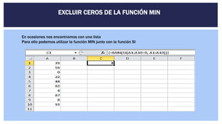 EXCLUIR CEROS DE LA FUNCIÓN MIN
En ocasiones nos encontramos con una lista
Para ello podemos utilizar la función MIN junto con la función SI
 
