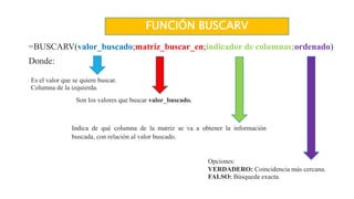 =BUSCARV(valor_buscado;matriz_buscar_en;indicador de columnas;ordenado)
Donde:
Es el valor que se quiere buscar.
Columna de la izquierda.
Son los valores que buscar valor_buscado.
Indica de qué columna de la matriz se va a obtener la información
buscada, con relación al valor buscado.
Opciones:
VERDADERO: Coincidencia más cercana.
FALSO: Búsqueda exacta.
FUNCIÓN BUSCARV
 