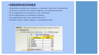 OBSERVACIONES
 Argumentos pueden ser números, o nombres, matrices o referencias
 Se tienen en cuenta los valores lógicos y las representaciones
 Si el argumento es una matriz o una referencia
 Si los argumentos no contienen números
 Los argumentos que sean valores de error
 Si desea incluir valores lógicos y representaciones
 