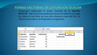 Comenzaré explicando la forma vectorial de la función
BUSCAR. Bajo esta forma podemos buscar un valor en un rango
de celdas el cual debe ser una sola columna o una sola fila. La
sintaxis para realizar la búsqueda es la siguiente:
 