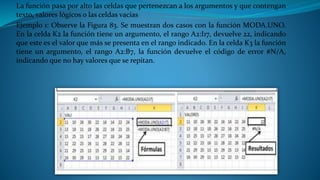 La función pasa por alto las celdas que pertenezcan a los argumentos y que contengan
texto, valores lógicos o las celdas vacías
Ejemplo 1: Observe la Figura 83. Se muestran dos casos con la función MODA.UNO.
En la celda K2 la función tiene un argumento, el rango A2:I17, devuelve 22, indicando
que este es el valor que más se presenta en el rango indicado. En la celda K3 la función
tiene un argumento, el rango A2:B7, la función devuelve el código de error #N/A,
indicando que no hay valores que se repitan.
 
