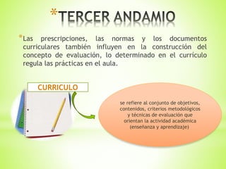 *
*Las prescripciones, las normas y los documentos
curriculares también influyen en la construcción del
concepto de evaluación, lo determinado en el currículo
regula las prácticas en el aula.
CURRICULO
se refiere al conjunto de objetivos,
contenidos, criterios metodológicos
y técnicas de evaluación que
orientan la actividad académica
(enseñanza y aprendizaje)
 