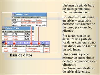 Base de datos
Un buen diseño de base
de datos garantiza su
fácil mantenimiento.
Los datos se almacenan
en tablas y cada tabla
contiene datos acerca de
un tema, por ejemplo,
clientes.
Por tanto, cuando se
actualiza una parte de
los datos concreta, como
una dirección, se hace en
un solo lugar.
Una consulta puede
mostrar un subconjunto
de datos, como todos los
clientes, o
combinaciones de datos
de tablas diferentes,.
 