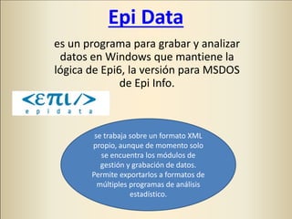 Epi Data
es un programa para grabar y analizar
datos en Windows que mantiene la
lógica de Epi6, la versión para MSDOS
de Epi Info.
se trabaja sobre un formato XML
propio, aunque de momento solo
se encuentra los módulos de
gestión y grabación de datos.
Permite exportarlos a formatos de
múltiples programas de análisis
estadístico.
 