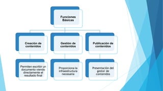 Funciones
Básicas
Creación de
contenidos
Permiten escribir un
documento viendo
directamente el
resultado final
Gestión de
contenidos
Proporciona la
infraestructura
necesaria
Publicación de
contenidos
Presentación del
gestor de
contenidos
 