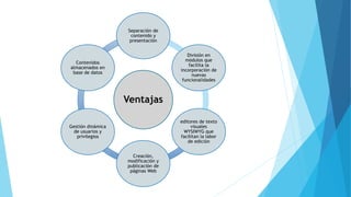 Ventajas
Separación de
contenido y
presentación
División en
módulos que
facilita la
incorporación de
nuevas
funcionalidades
editores de texto
visuales
WYSIWYG que
facilitan la labor
de edición
Creación,
modificación y
publicación de
páginas Web
Gestión dinámica
de usuarios y
privilegios
Contenidos
almacenados en
base de datos
 